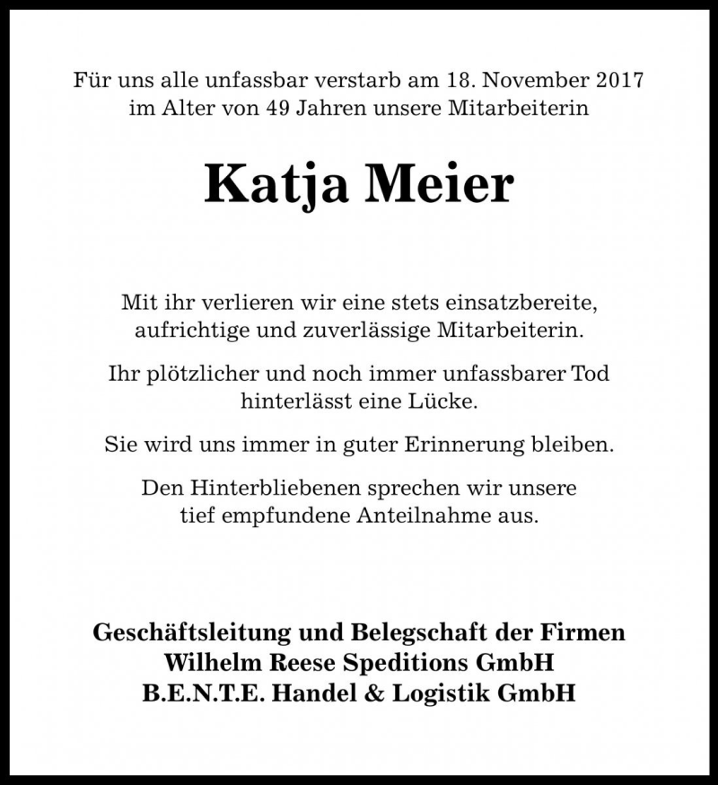  Traueranzeige für Katja Meier vom 24.11.2017 aus Die Harke