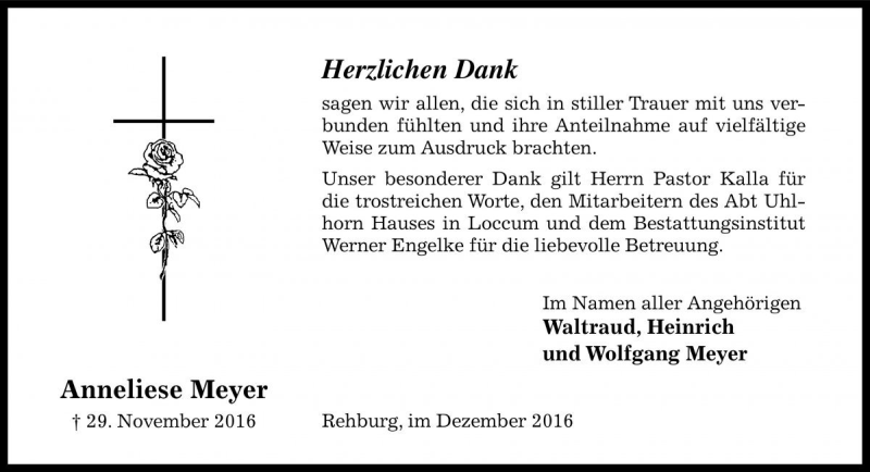  Traueranzeige für Anneliese Meyer vom 17.12.2016 aus Die Harke