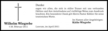 Traueranzeige von Wilhelm Wiegrebe von Die Harke