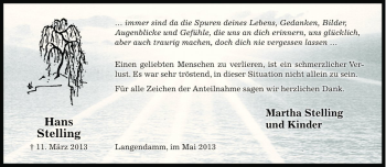 Traueranzeige von Hans Stelling von Die Harke