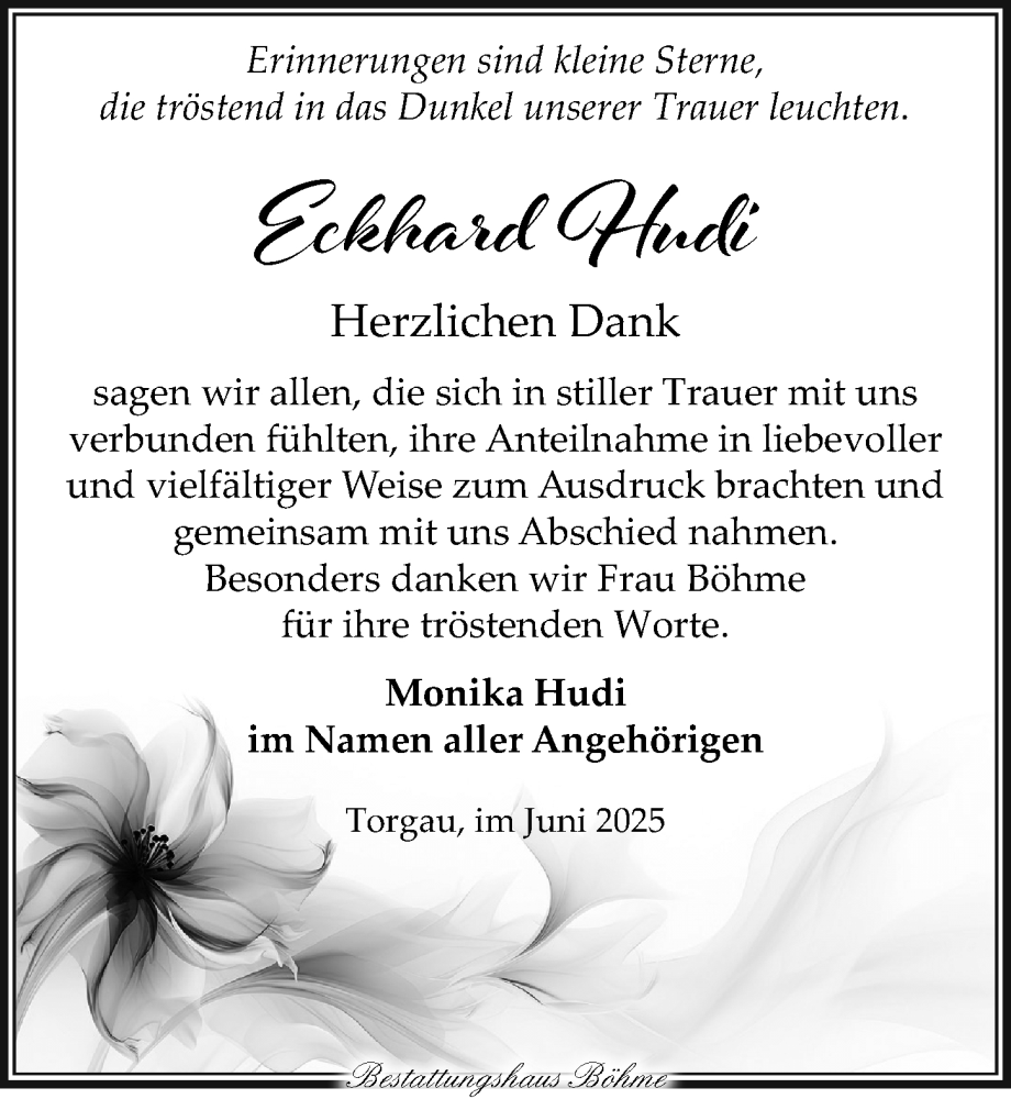  Traueranzeige für Eckhard Hudi vom 08.06.2025 aus Torgauer Zeitung