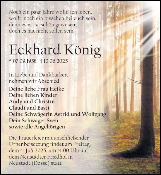Traueranzeige von Eckhard König von Wochenspiegel