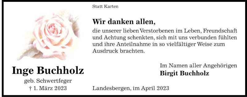  Traueranzeige für Inge Buchholz vom 01.04.2023 aus Die Harke