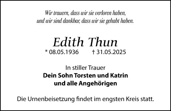 Traueranzeige von Edith Thun von Sächsische Zeitung