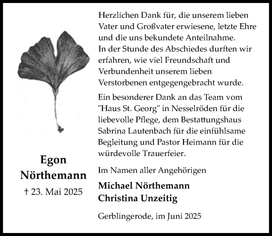 Traueranzeige von Egon Nörthemann von Eichsfelder Tageblatt