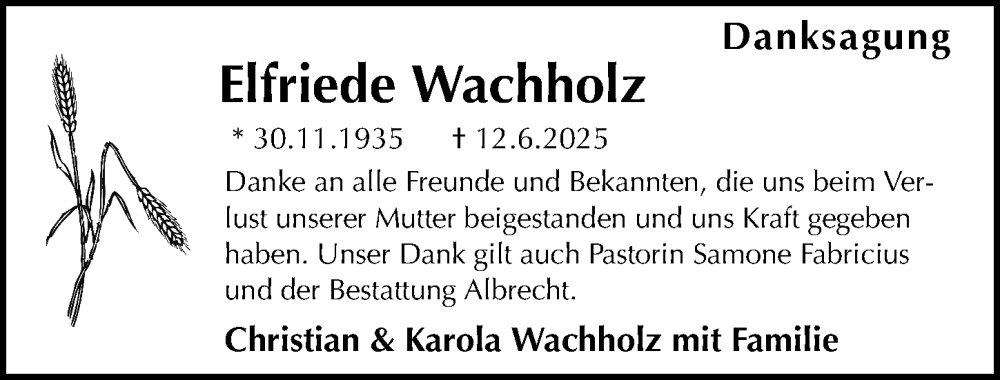  Traueranzeige für Elfriede Wachholz vom 29.06.2025 aus Lübecker Nachrichten