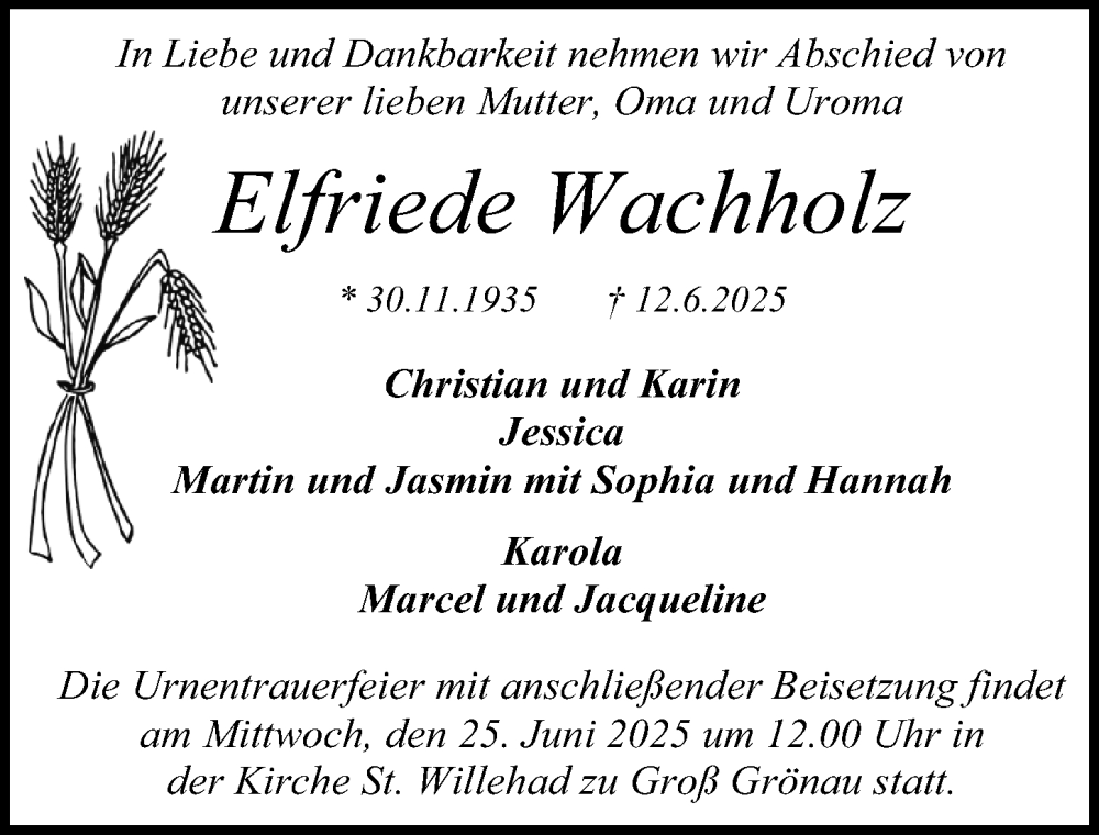  Traueranzeige für Elfriede Wachholz vom 21.06.2025 aus Lübecker Nachrichten