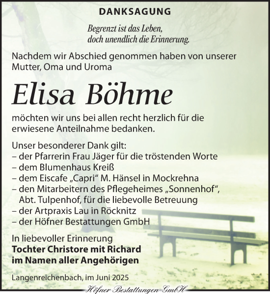 Traueranzeige von Elisa Böhme von Torgauer Zeitung