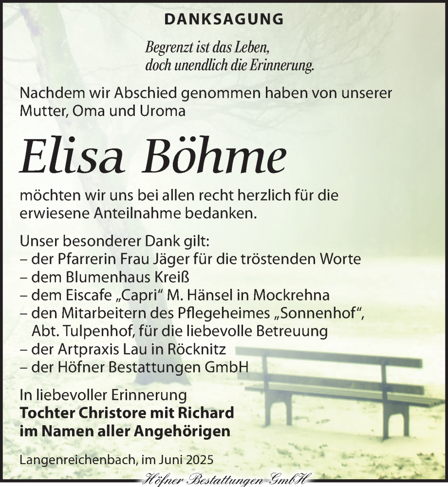  Traueranzeige für Elisa Böhme vom 29.06.2025 aus Torgauer Zeitung