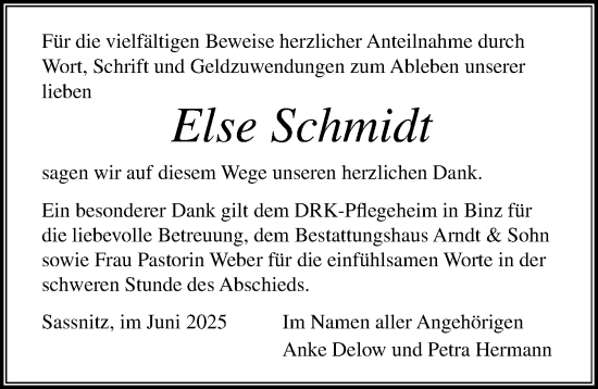 Traueranzeige von Else Schmidt von Ostsee-Zeitung GmbH