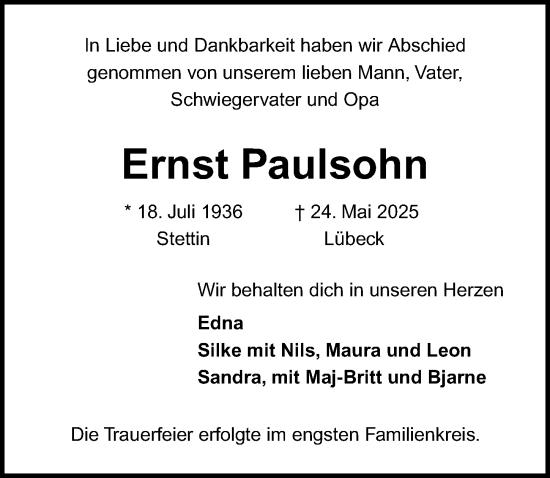 Traueranzeige von Ernst Paulsohn von Lübecker Nachrichten