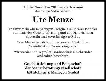 Traueranzeige von Ute Menze von Die Harke