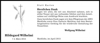 Traueranzeige von Hildegard Wilhelmi von Die Harke