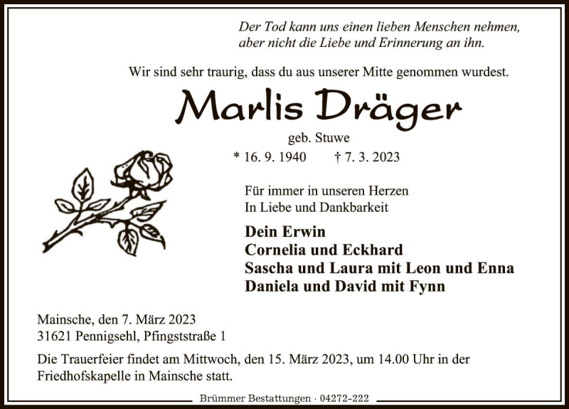  Traueranzeige für Marlis Dräger vom 10.03.2023 aus Die Harke