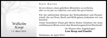 Traueranzeige von Wilhelm Koop von Die Harke