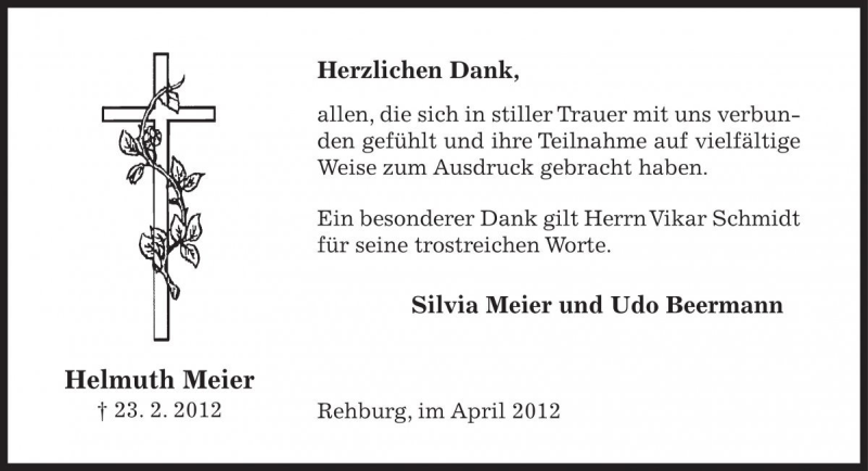  Traueranzeige für Helmuth Meier vom 21.04.2012 aus Die Harke