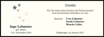 Traueranzeige von Inge Lehmeier von Die Harke