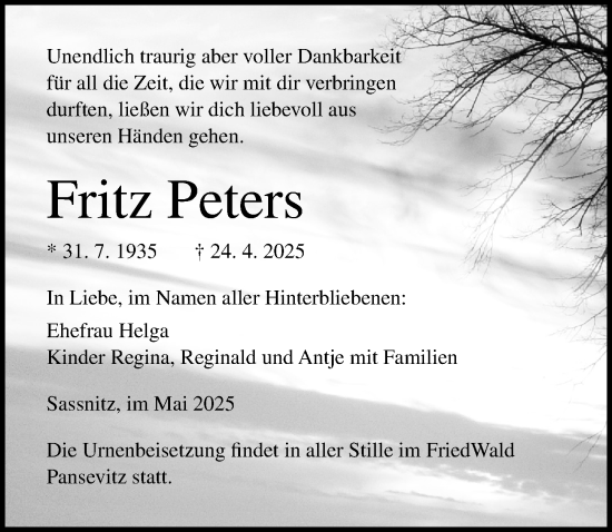 Traueranzeige von Fritz Peters von Ostsee-Zeitung GmbH