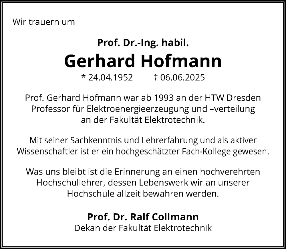  Traueranzeige für Gerhard Hofmann vom 28.06.2025 aus Sächsische Zeitung