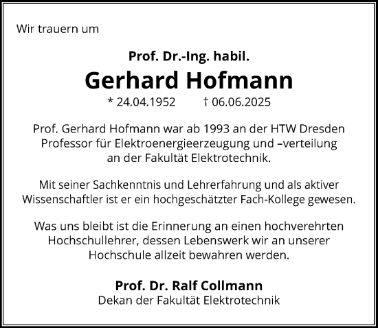 Traueranzeige von Gerhard Hofmann von Sächsische Zeitung
