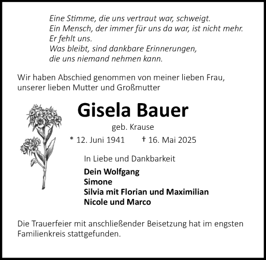 Traueranzeige von Gisela Bauer von Lübecker Nachrichten