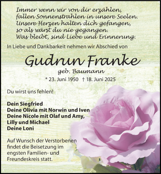 Traueranzeige von Gudrun Franke von Wochenspiegel