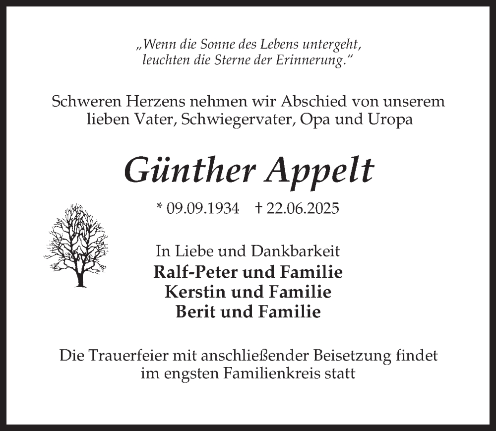  Traueranzeige für Günther Appelt vom 28.06.2025 aus Märkischen Allgemeine Zeitung