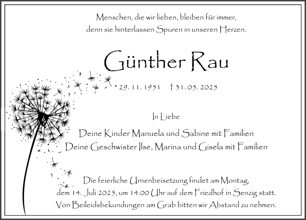  Traueranzeige für Günther Rau vom 14.06.2025 aus Märkischen Allgemeine Zeitung