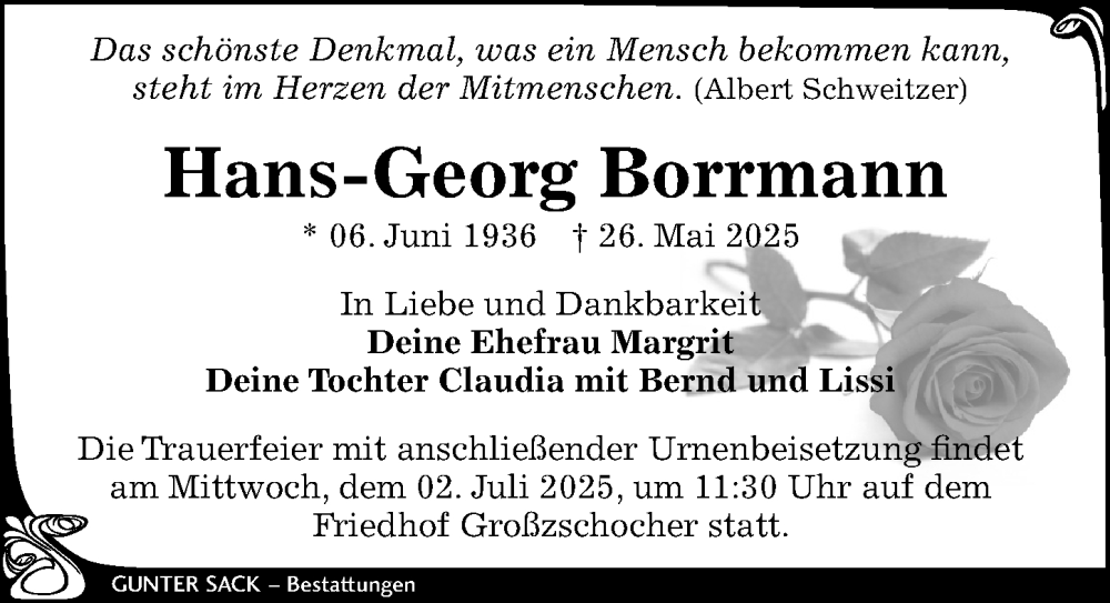  Traueranzeige für Hans-Georg Borrmann vom 14.06.2025 aus Leipziger Volkszeitung