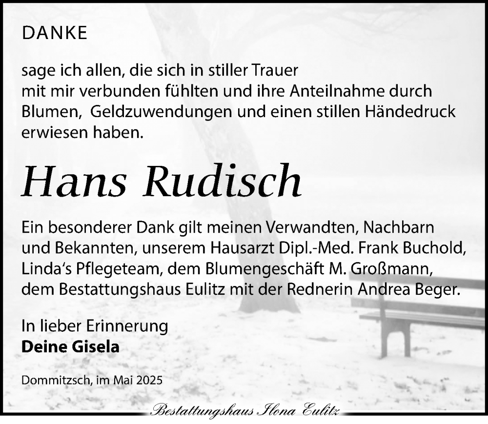  Traueranzeige für Hans Rudisch vom 08.06.2025 aus Torgauer Zeitung
