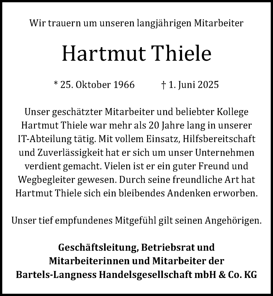  Traueranzeige für Hartmut Thiele vom 07.06.2025 aus Kieler Nachrichten