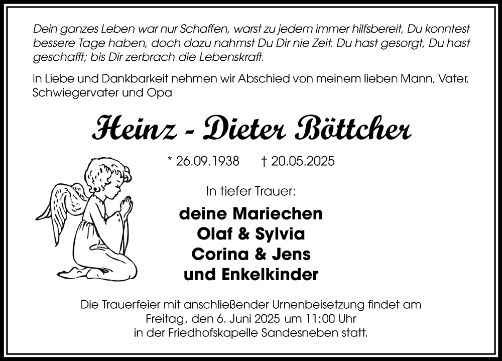  Traueranzeige für Heinz-Dieter Böttcher vom 01.06.2025 aus Lübecker Nachrichten