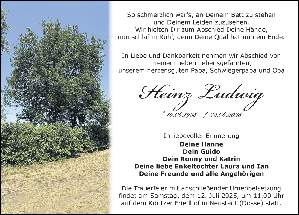  Traueranzeige für Heinz Ludwig vom 28.06.2025 aus Wochenspiegel