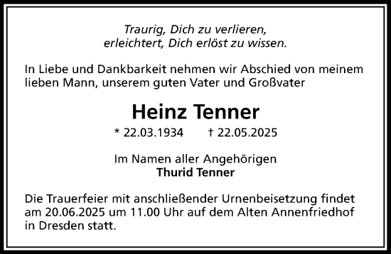 Traueranzeige von Heinz Tenner von Sächsische Zeitung