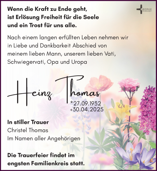 Traueranzeige von Heinz Thomas von Leipziger Volkszeitung