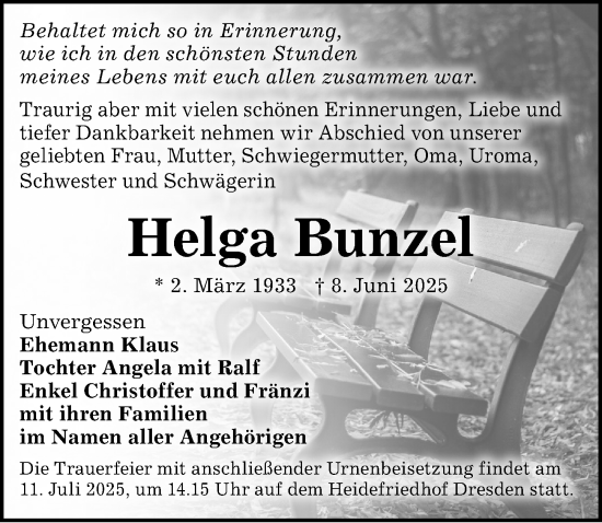 Traueranzeige von Helga Bunzel von Sächsische Zeitung