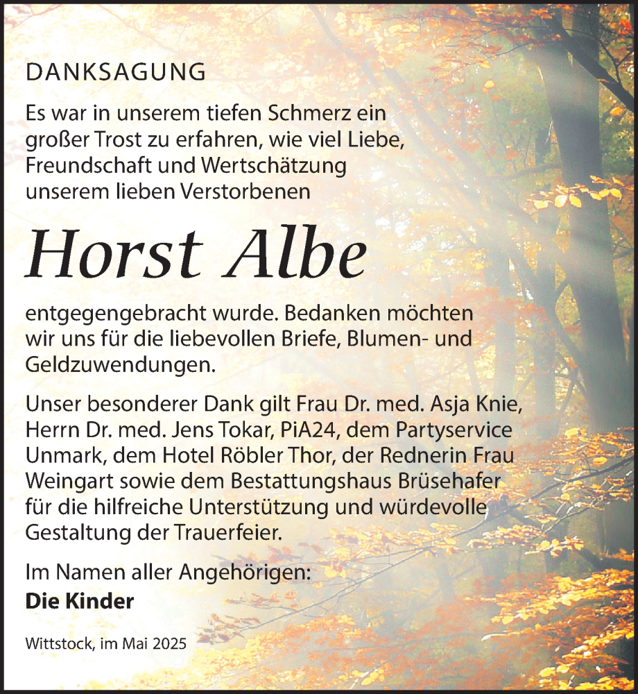  Traueranzeige für Horst Albe vom 14.06.2025 aus Wochenspiegel