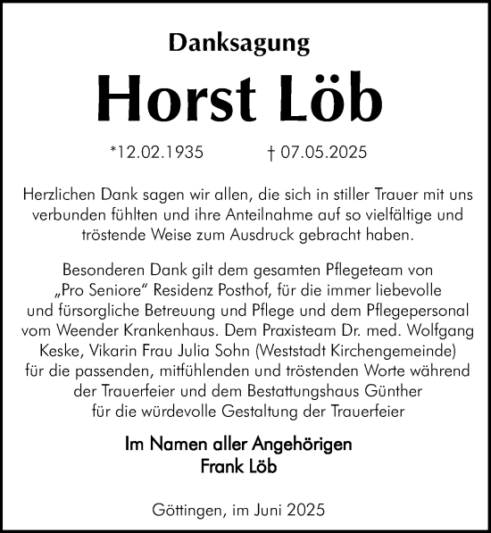 Traueranzeige von Horst Löb von Göttinger Tageblatt