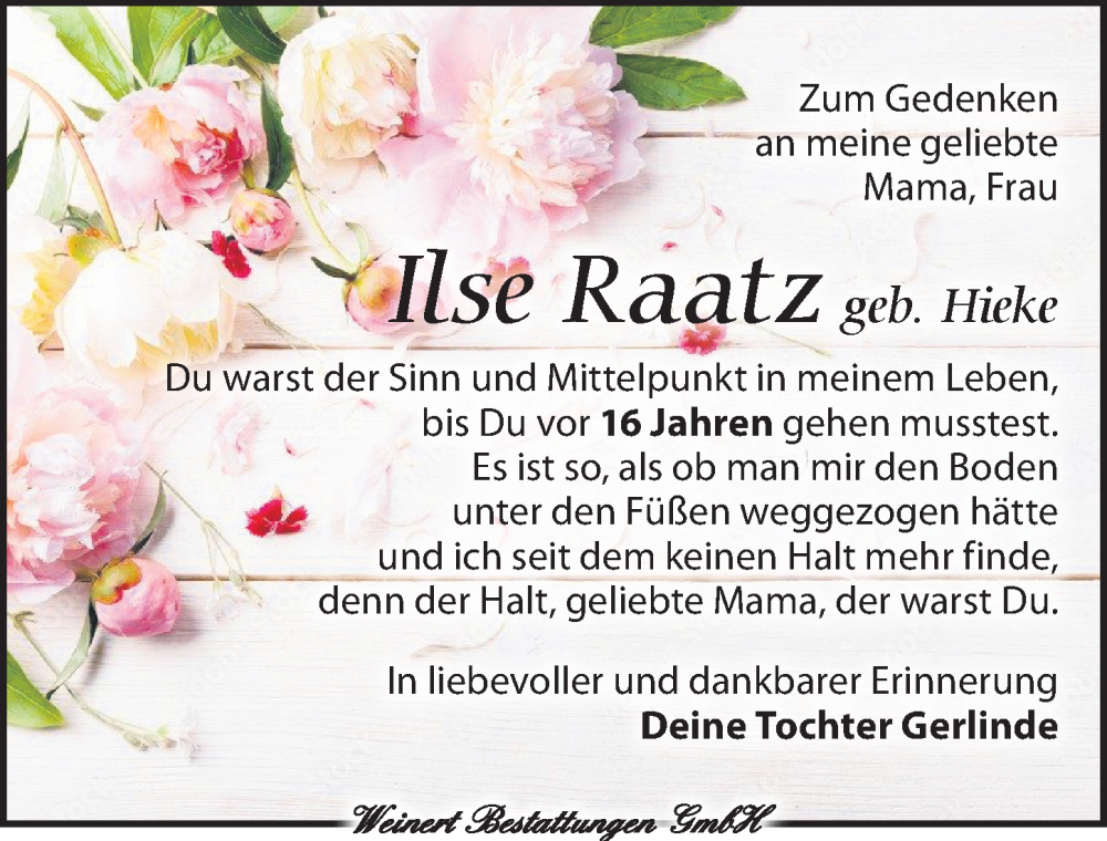  Traueranzeige für Ilse Raatz vom 08.06.2025 aus Torgauer Zeitung