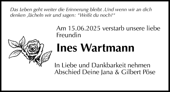 Traueranzeige von Ines Wartmann von Ostsee-Zeitung GmbH
