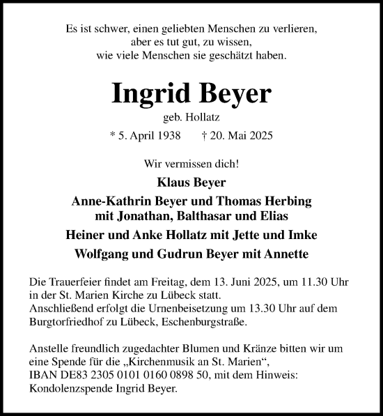 Traueranzeige von Ingrid Beyer von Lübecker Nachrichten