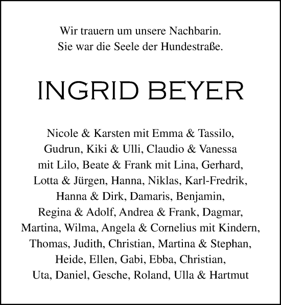 Traueranzeige von Ingrid Beyer von Lübecker Nachrichten