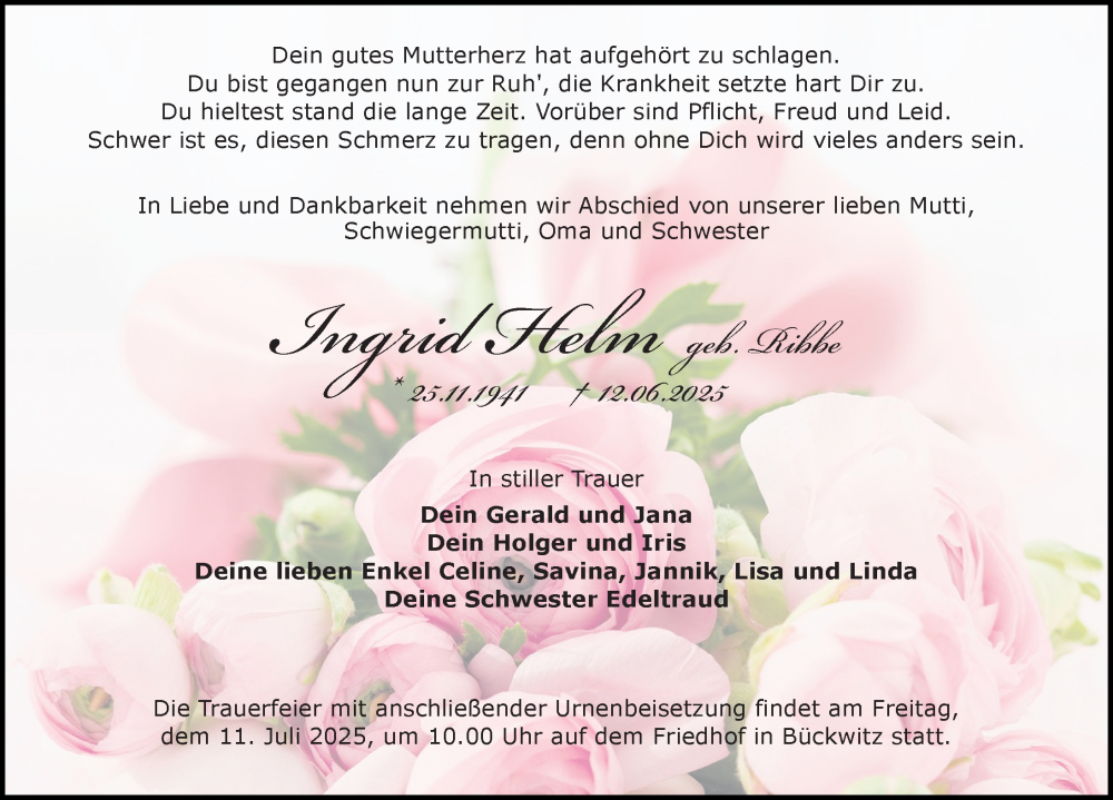  Traueranzeige für Ingrid Helm vom 21.06.2025 aus Wochenspiegel