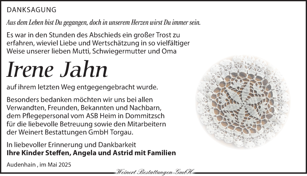  Traueranzeige für Irene Jahn vom 01.06.2025 aus Torgauer Zeitung