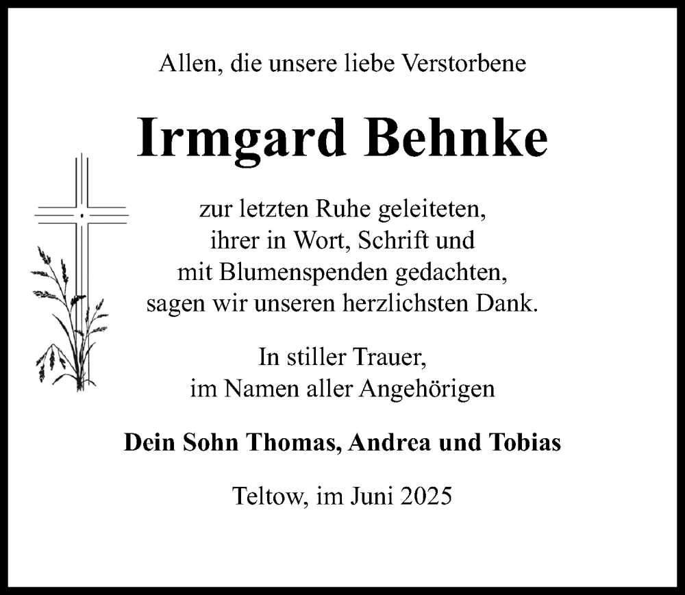 Traueranzeige für Irmgard Behnke vom 21.06.2025 aus Märkischen Allgemeine Zeitung