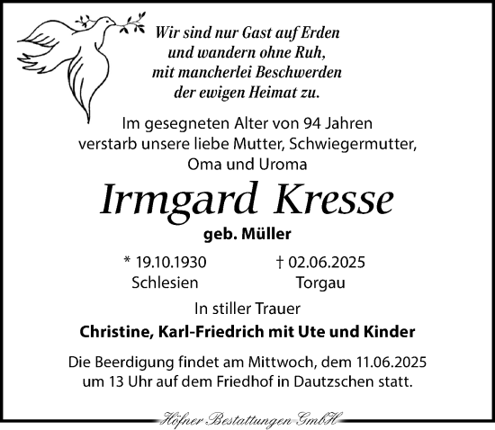Traueranzeige von Irmgard Kresse von Torgauer Zeitung