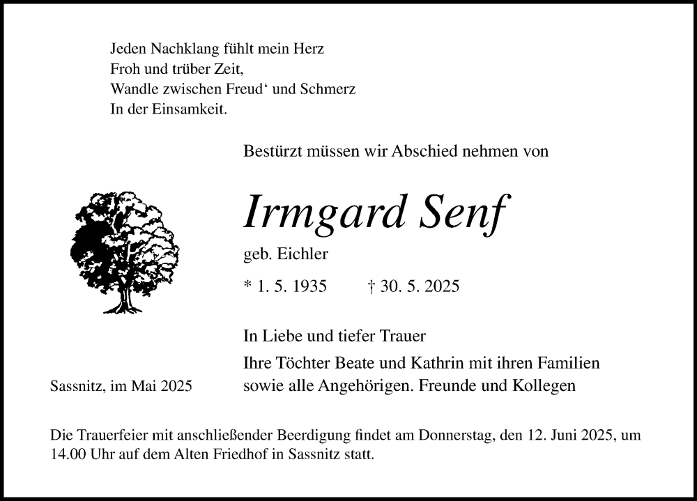  Traueranzeige für Irmgard Senf vom 07.06.2025 aus Ostsee-Zeitung GmbH