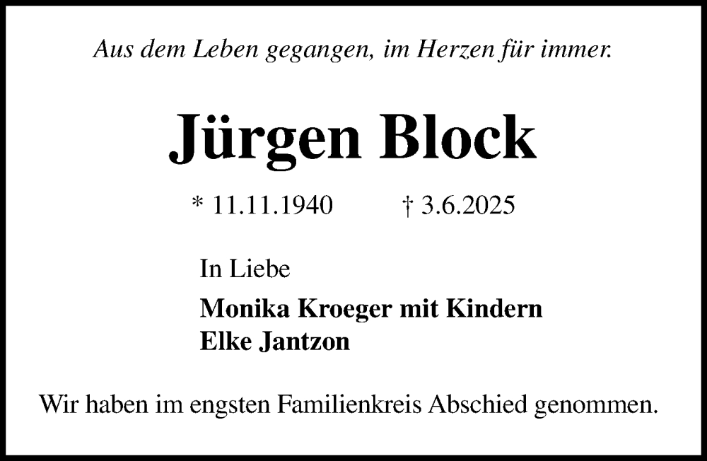  Traueranzeige für Jürgen Block vom 29.06.2025 aus Lübecker Nachrichten