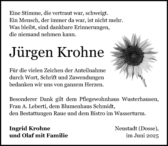 Traueranzeige von Jürgen Krohne von Wochenspiegel