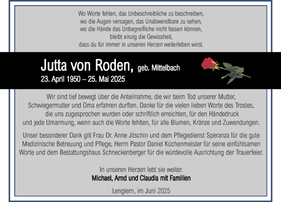 Traueranzeige von Jutta von Roden von Göttinger Tageblatt